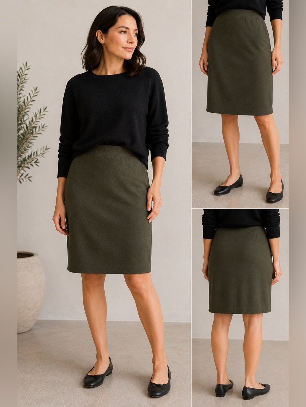 Eileen Fisher Olive Green Jersey Knit Midi Skirt Women’s Medium Stretch Minimali
